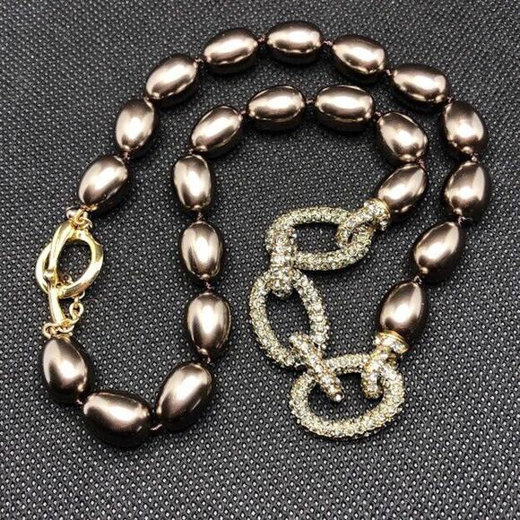 Monet Faux Pearl Necklace Taupe Brown Rhinestone Covered Links Vtg Runway Collar - Picture 2 of 12